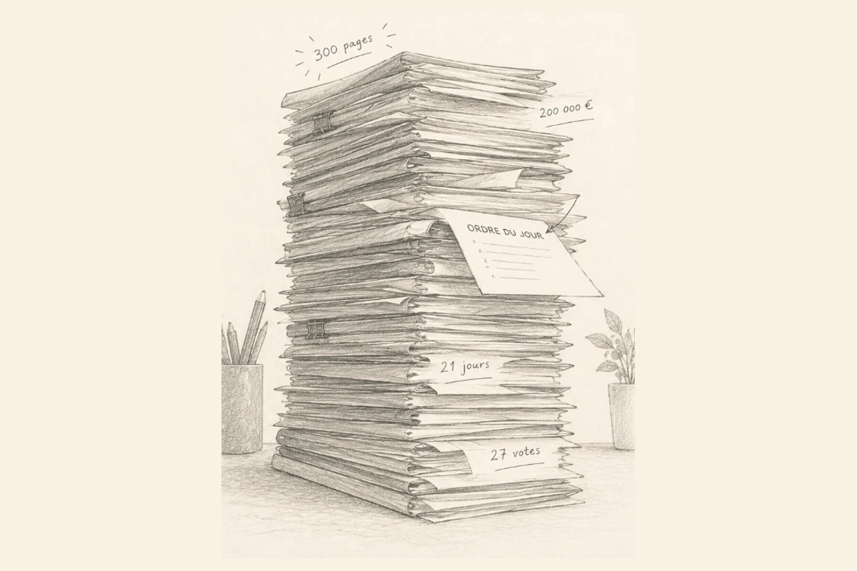 Illustration au crayon : pile de convocations d'assemblée générale annotée 300 pages, 200 000 €, 21 jours, 27 votes