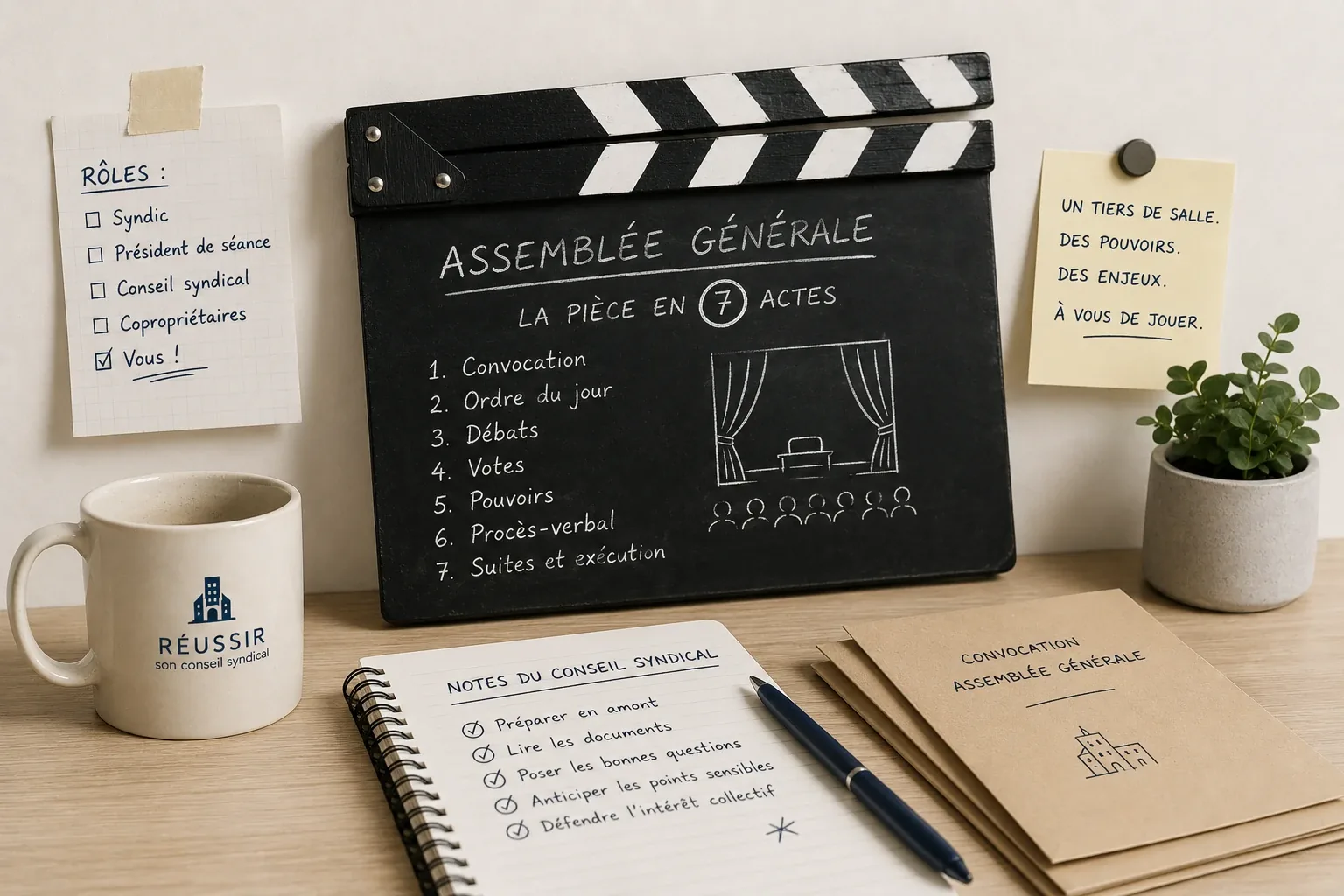 Clap de cinéma « Assemblée générale, la pièce en 7 actes » avec convocation, notes du conseil syndical et mug Réussir son Conseil Syndical