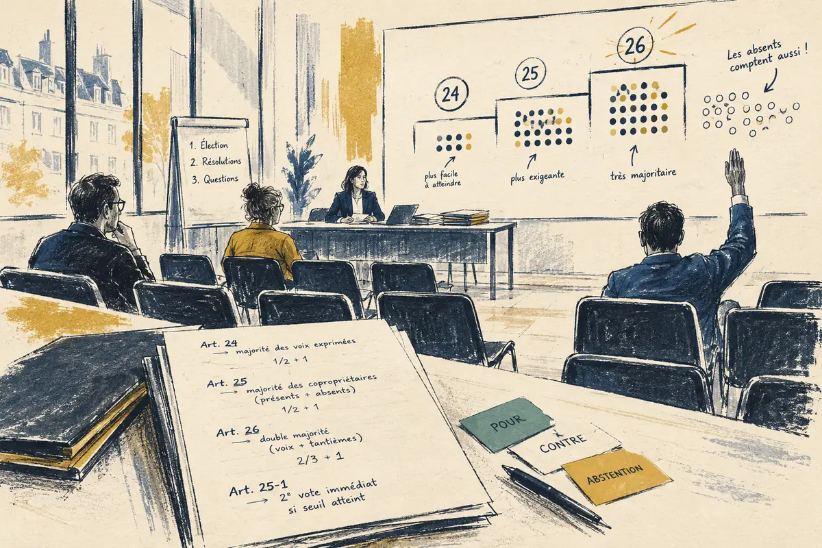 AG de copropriété : un copropriétaire lève la main, un tableau compare les majorités des articles 24, 25 et 26