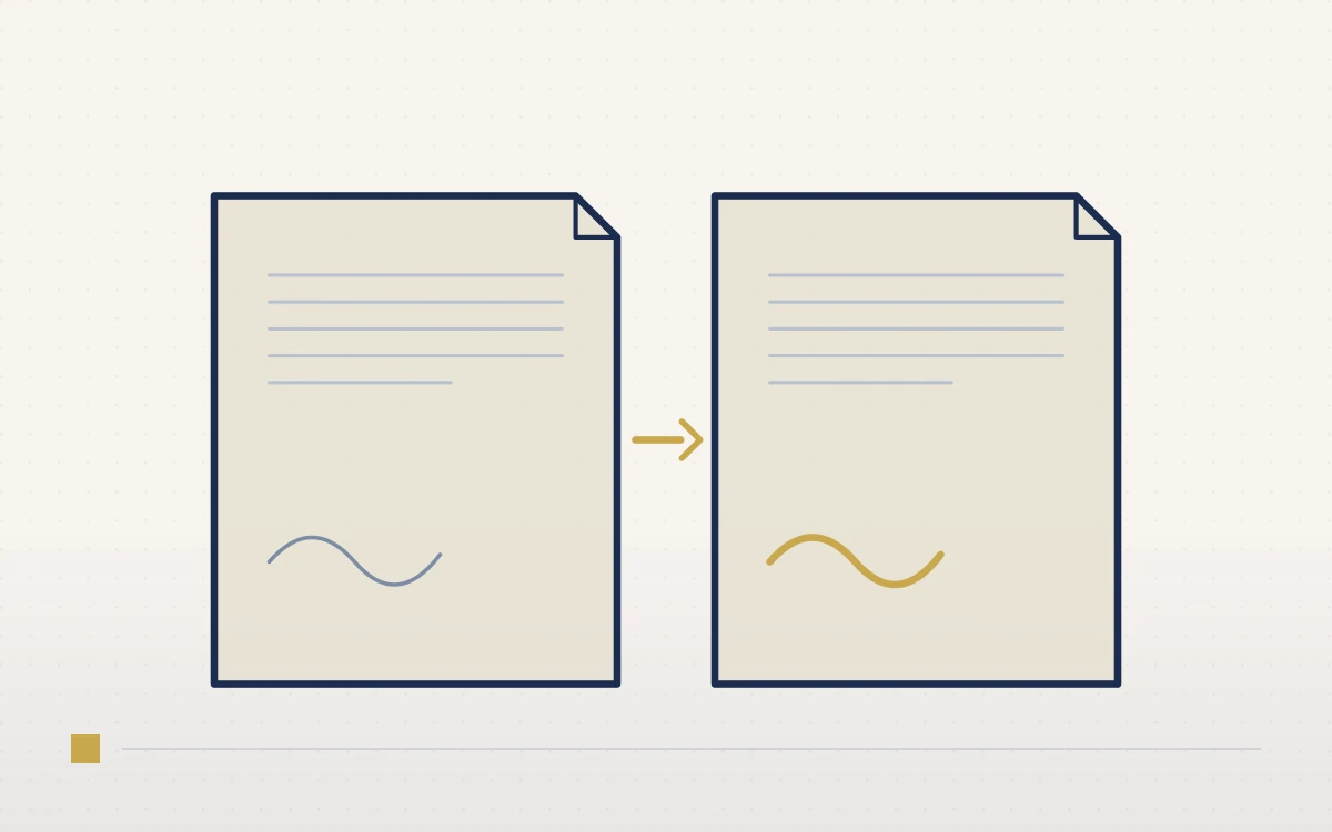 Illustration minimaliste : deux feuilles de mandat, une flèche dorée transférant une signature de l'une vers l'autre