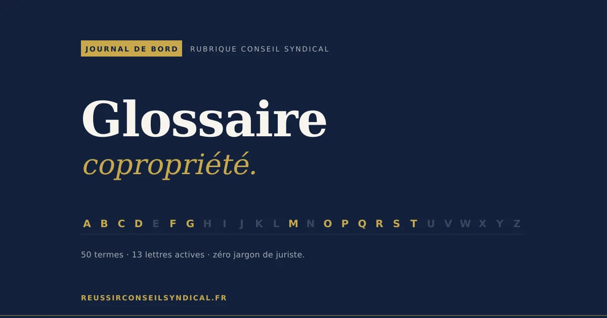 Glossaire copropriété : alphabet stylisé des 50 termes traduits en français normal