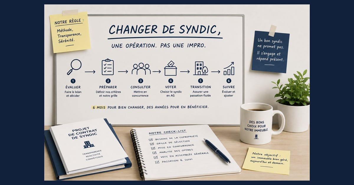Tableau blanc « Changer de syndic, une opération pas une impro » : les 6 étapes — évaluer, préparer, consulter, voter, transition, suivre.