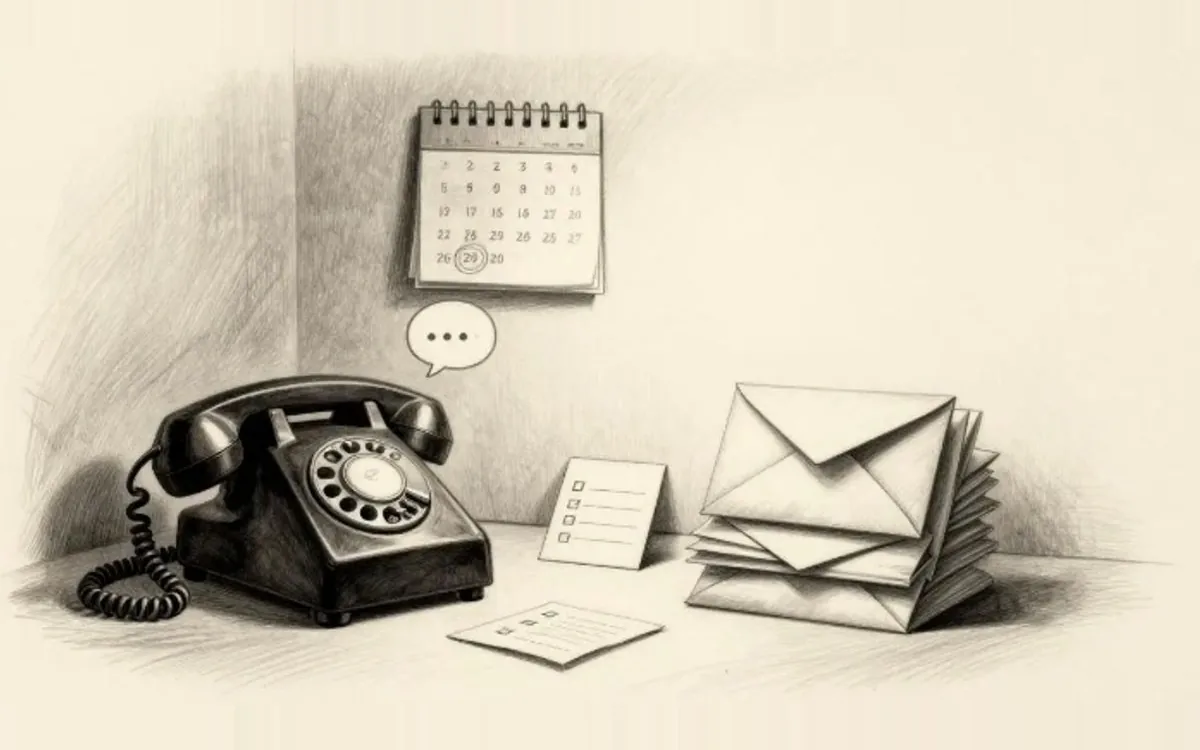 Dessin au crayon : un téléphone à cadran, un calendrier au mur, une bulle de points de suspension et une pile d'enveloppes.