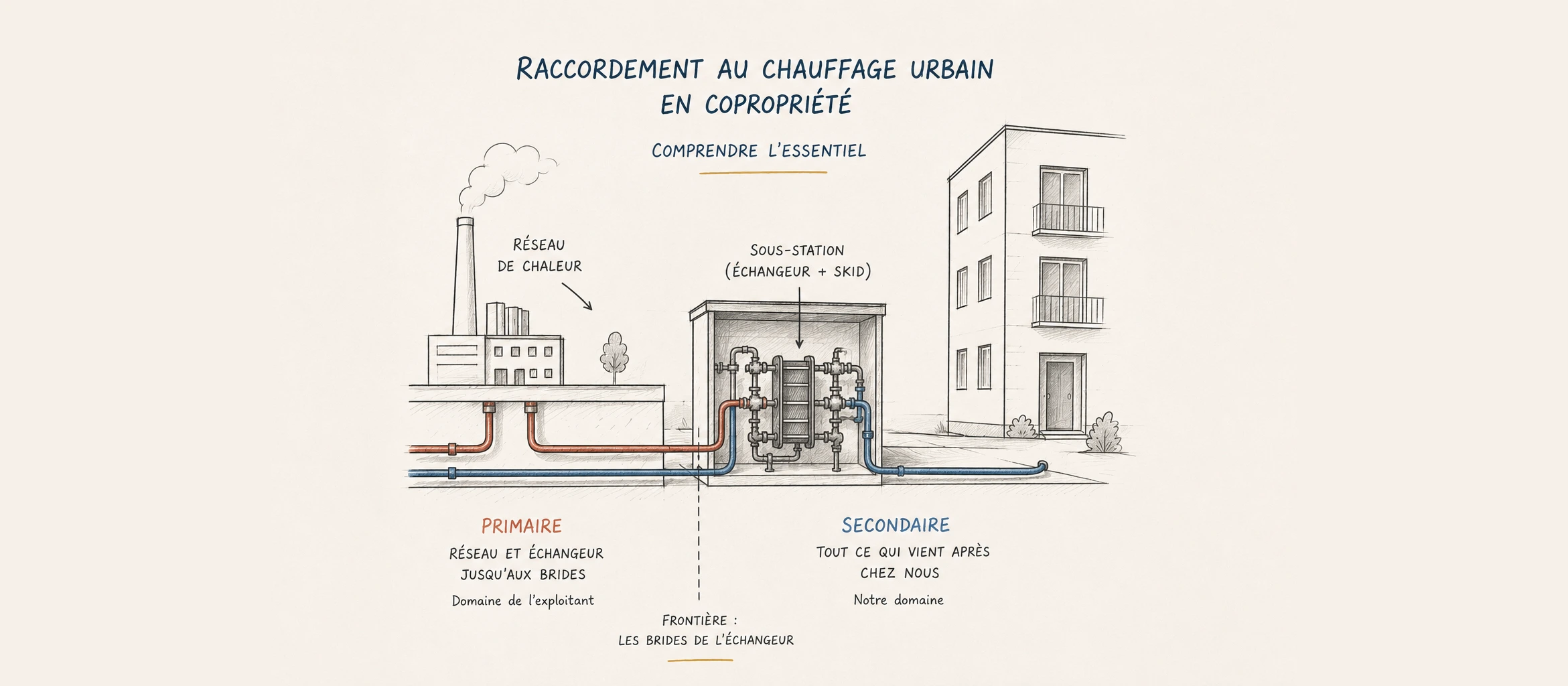 Schéma du raccordement au chauffage urbain en copropriété : réseau de chaleur, sous-station à échangeur, immeuble — frontière primaire/secondaire aux brides de l'échangeur