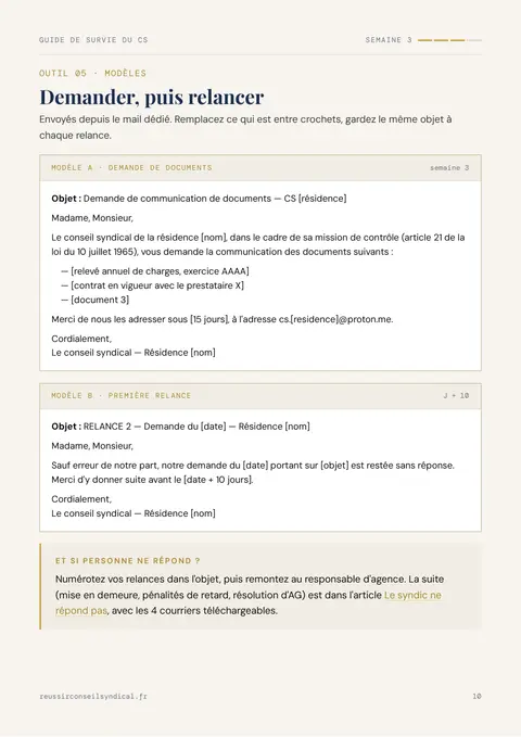 Page 10 du guide : les modèles de demande et de relance